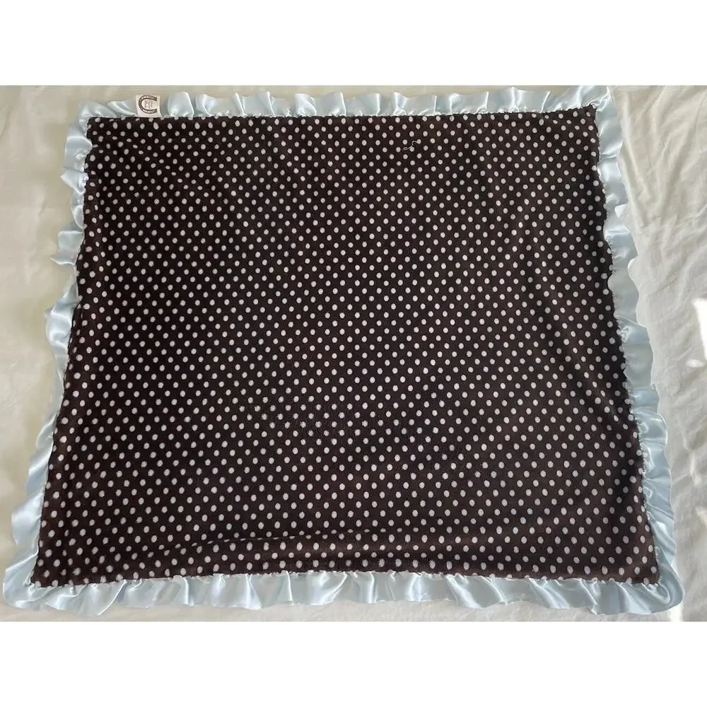 Max Daniel Polka Dot Baby Security Blanket Dark Brown Blue Ruffle Satin Trim